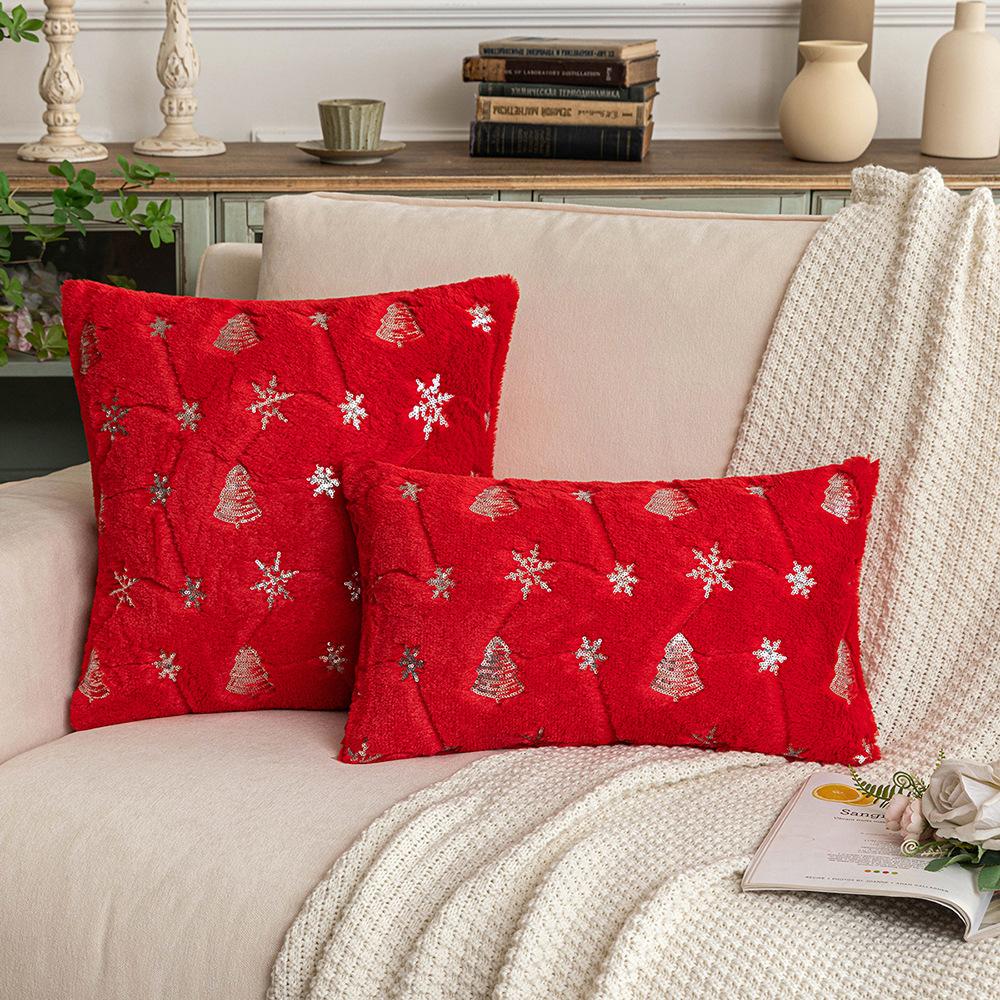 Sequin Christmas Tree Embroidery Pillow Case Snowflake Plush Pillow Christmas Ornament Gift Cushion Cover Core-Free