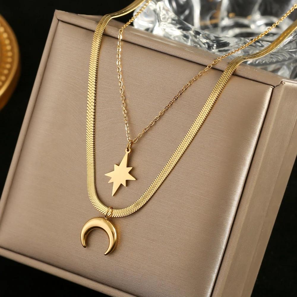 316L Stainless Steel New Fashion Upscale  2 Layer Crescent Moon Star Charms Chain Choker Necklaces & Pendants For Women