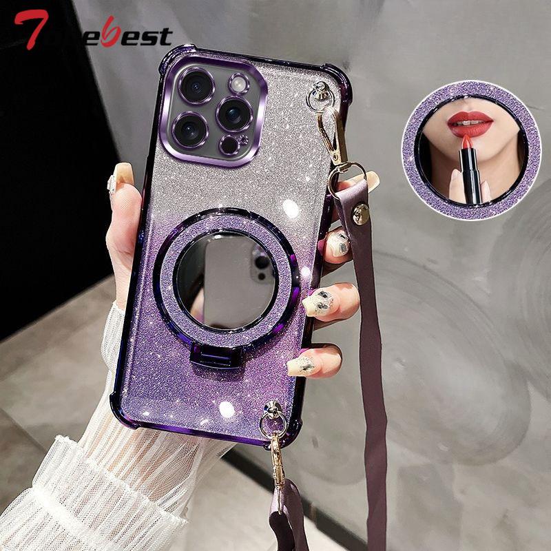 Crossbody Lanyard Shockproof Glitter Plating Mirror Magsafe Holder Case for iPhone 16E 16 15 14 Plus 13 12 11 Pro XS Max XR X