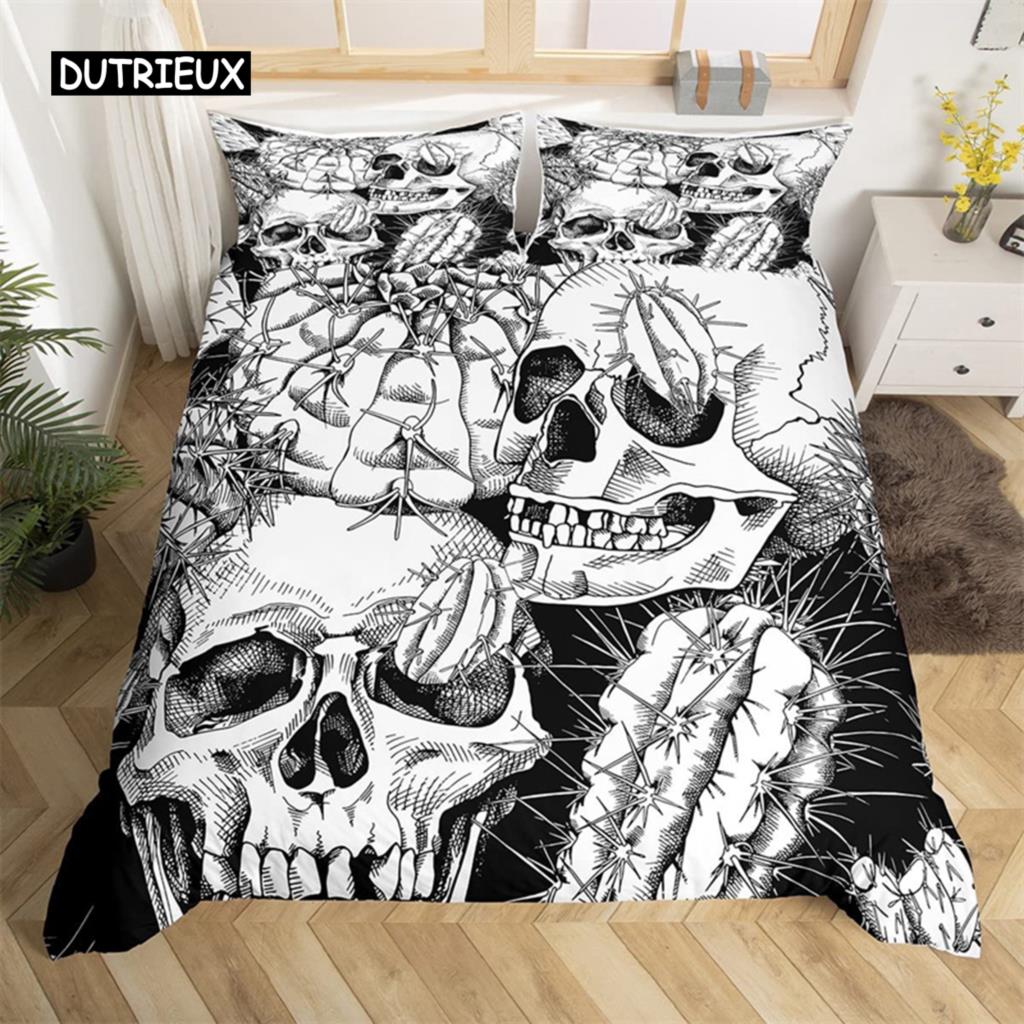 Skull Duvet Cover Set Queen Black Skeleton Paisley Floral Pattern Bedding Set for Teen Adult Polyester Halloween Comforter Cover
