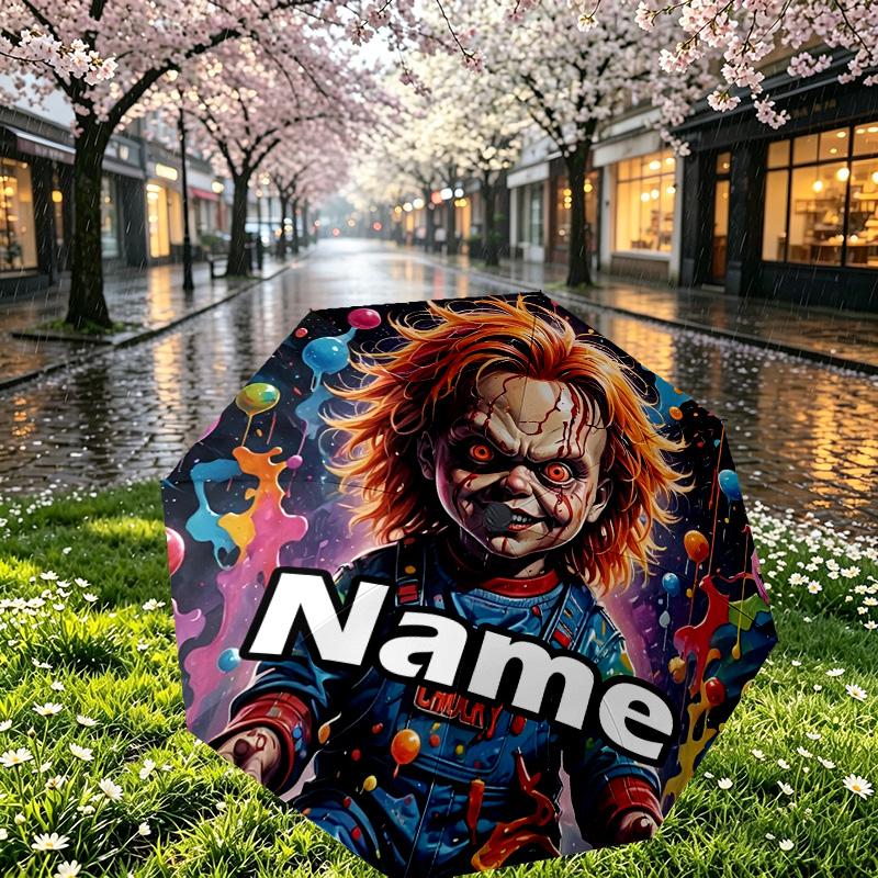 Custom Name Personalized Bride of Chucky Print Umbrella, Auto Open Close, 8‑Rib Sturdy Frame, Commute Camping Hiking Use, Birthday Gift