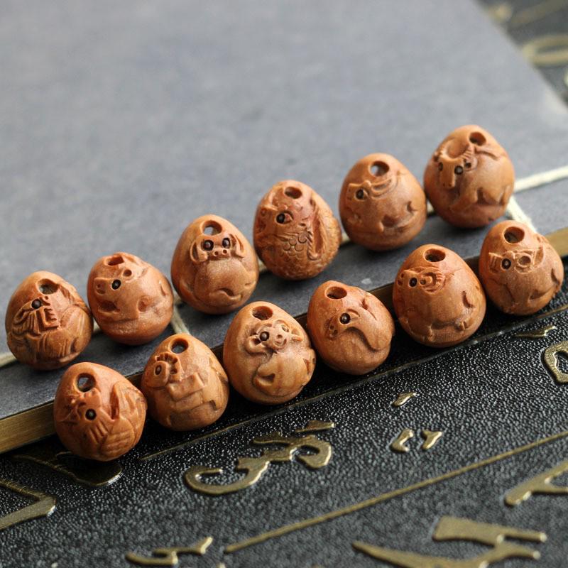 Carved Peach Pit Bracelet Pendant with Dragon and Zodiac Signs: Rat, Ox, Tiger, Rabbit, Dragon, Snake, Horse, Sheep, Monkey, Rooster, Dog, Pig Rooster