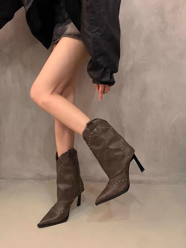 

Европейские и американские ботильоны на тонком каблуке с острым носком, черные ботинки, женские, весна 2025, новые, ретро, универсальные, с заклепками, короткие ботинки, тренд 40 коричневый