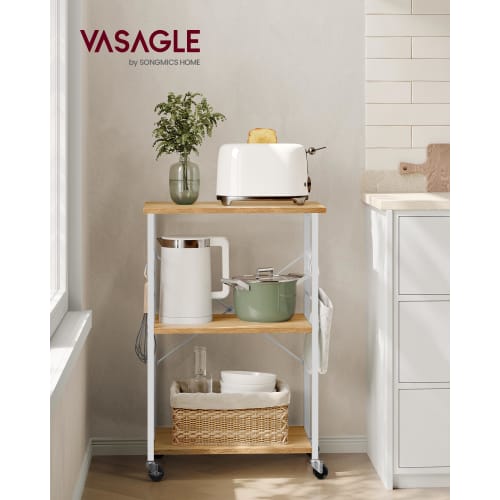 VASAGLE Range Board, 60cm Wide, with Casters, Slim, Gap Storage, Kitchen Rack, Range Rack, 3-Tier Kitchen Shelf, with 6 S-Shaped Racks (KKS060Y09)