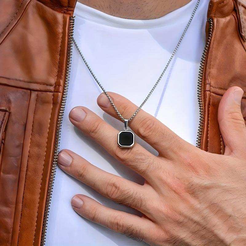 Gold Plated Stainless Steel Black Square Pendant Box Chain Necklace