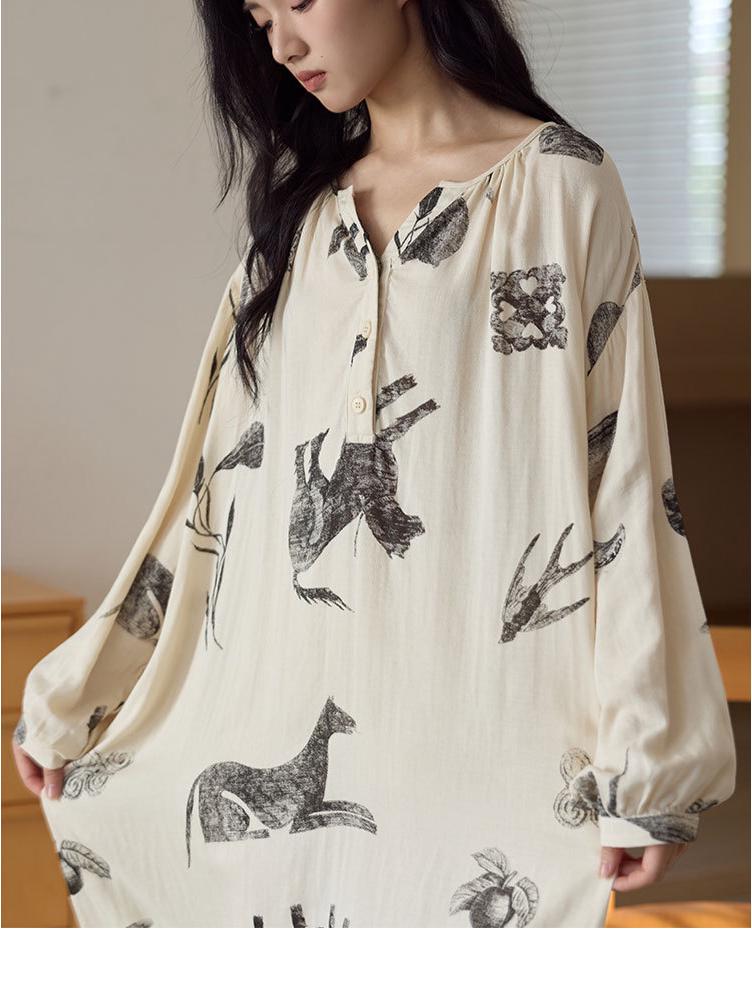Bamboo Fiber Women's Long Sleeve Wabi-Sabi Nightgown - Mid-Length Autumn Pajamas Dress