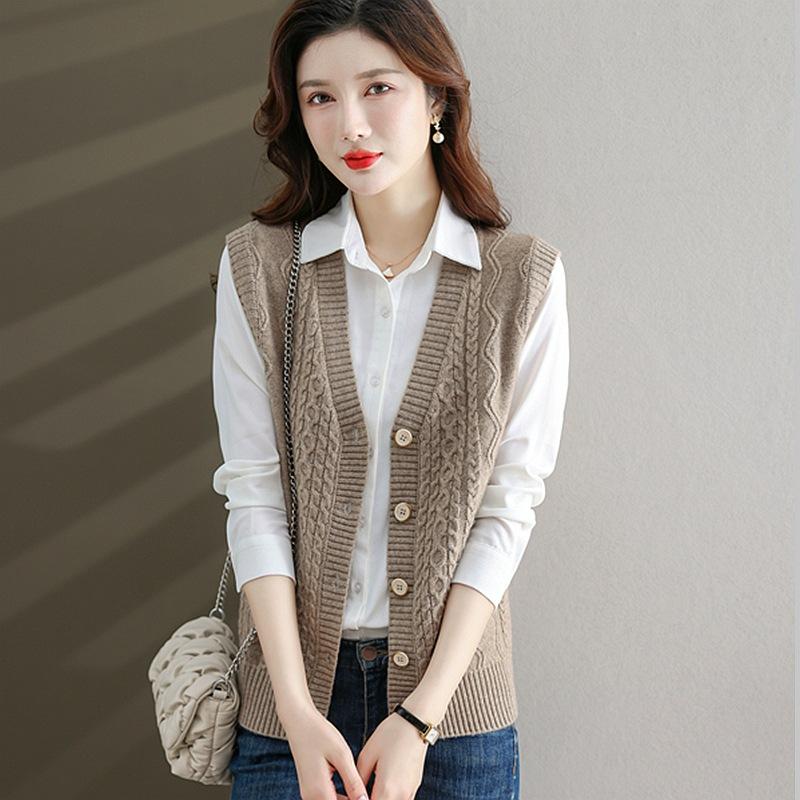 Dámská elegantní polyesterová pletená vesta | Svetrová vesta s copánkovým vzorem a výstřihem do V | Jednobarevné pletené oblečení bez rukávů | Módní top pro vrstvení na podzim/zimu