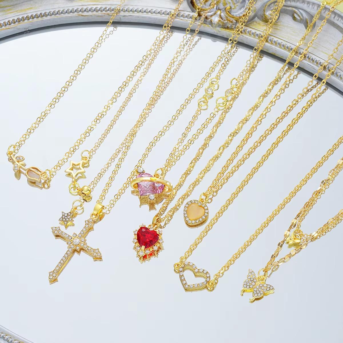 

8 Pcs Simple Temperament Necklace Set For Women Elegant Gold Color Crystal Butterfly Cross Rose Heart Star Pendant Necklaces AYA Gold Color