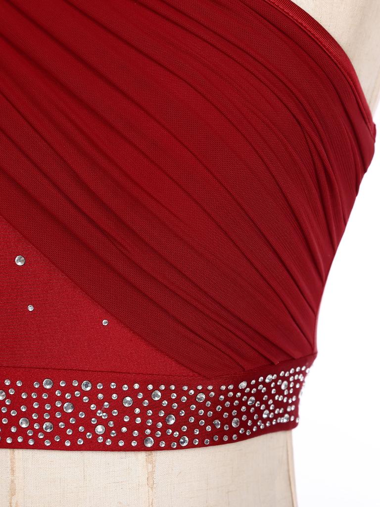 Women's Lyrical Dance Crop Top S-XXL: One Shoulder Ruched Mesh Overlay Rhinestone Design for Modern Dance Performance