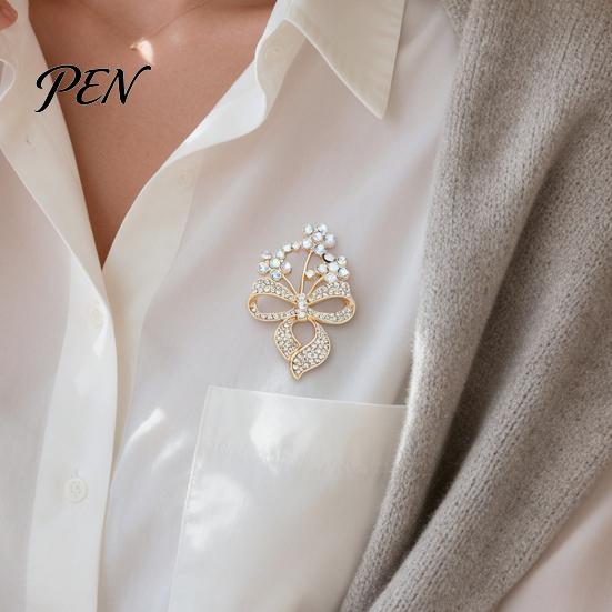 Women Dainty Jewelry Rhinstone Flower Bow Brooch Pin, Hollow Floral Bowknot Retro Alloy for Girls, Decorative Accessory Clothing Bags Scarves Pin