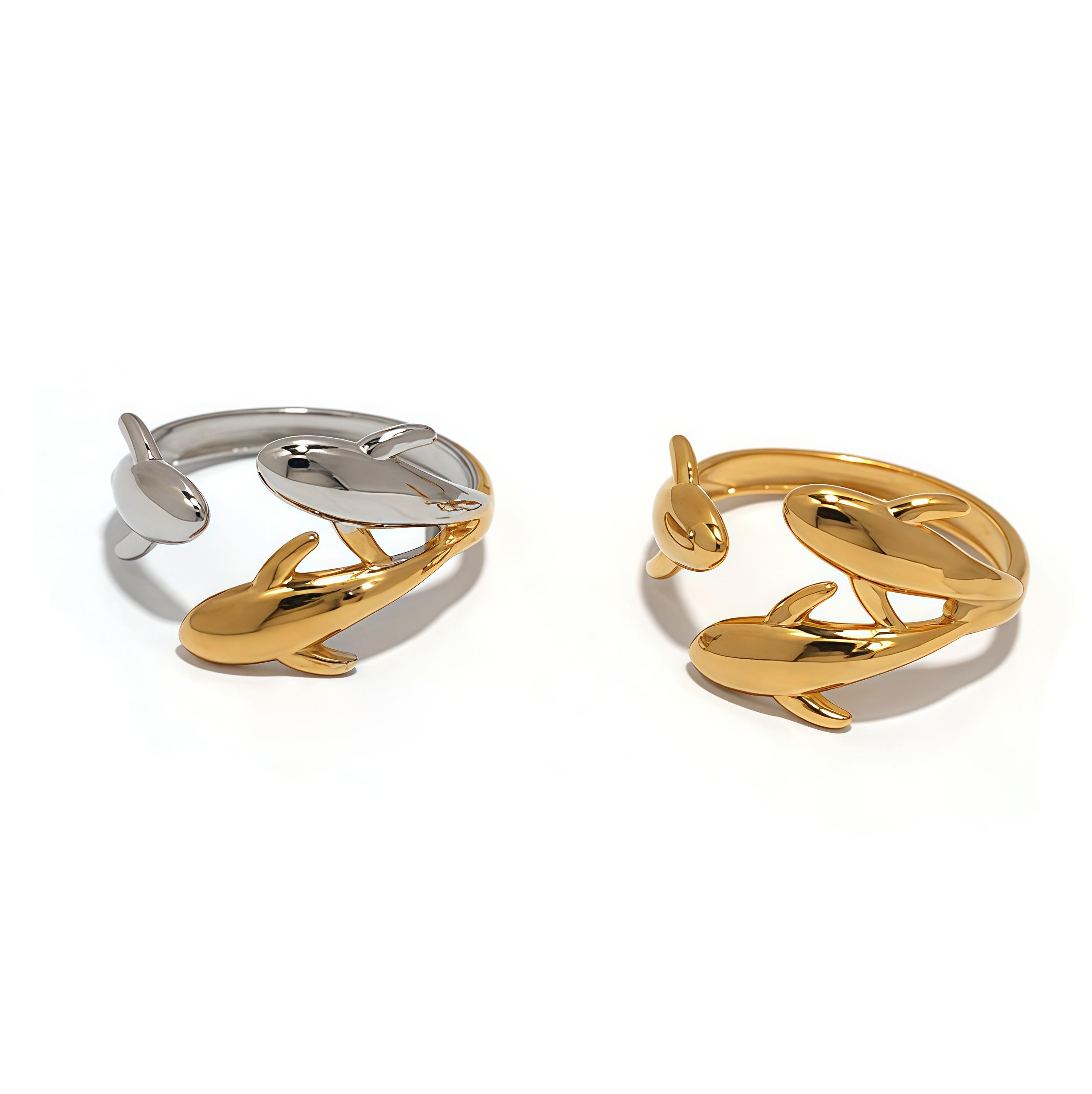 

Minimalist 304 Stainless Steel Adjustable opening Dolphin Rings For Women Waterproof High Zircon For Vacation Seaside Etc resizable