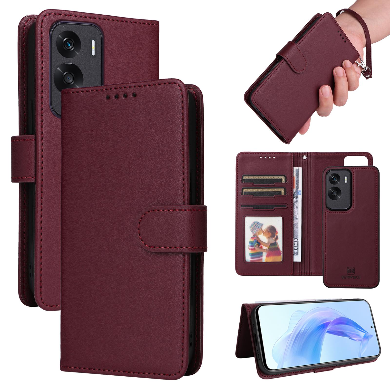 

For Honor 90 Lite 5G/X50i 5G Magnetic Case BETOPNICE Detachable PU Leather Phone Cover with Strap Wine Red
