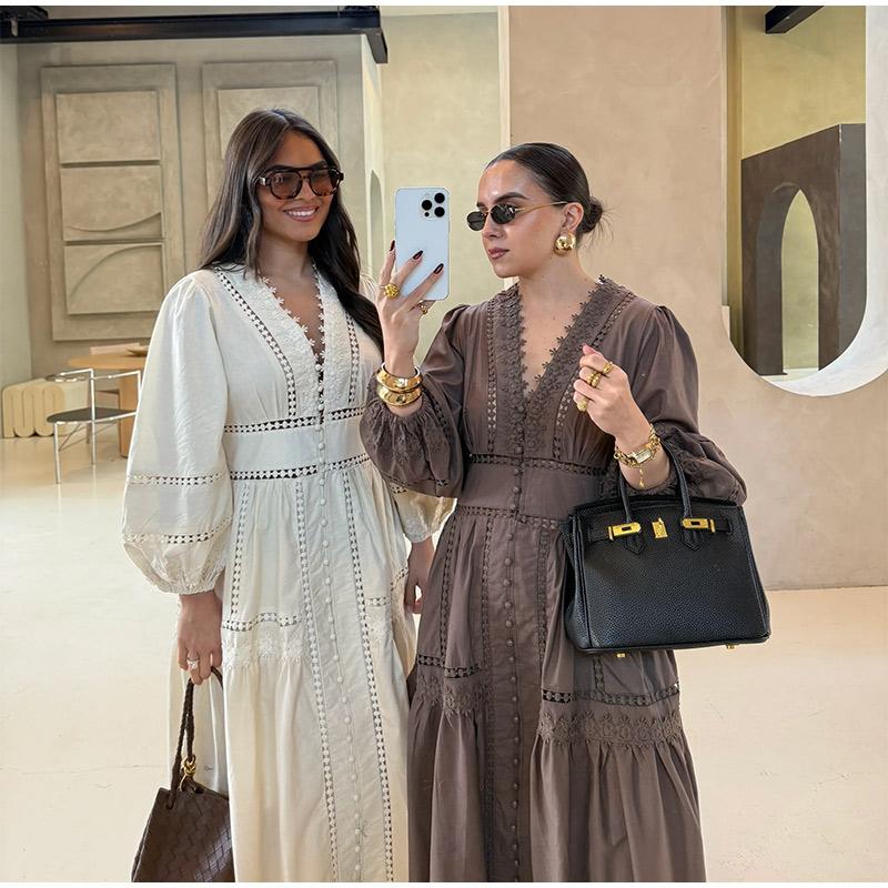 Elegant Lace Hollow Out Women's Long Dress Solid V-neck Patchwork Puff Sleeve Bodycon Dressess Female New Lady Robes