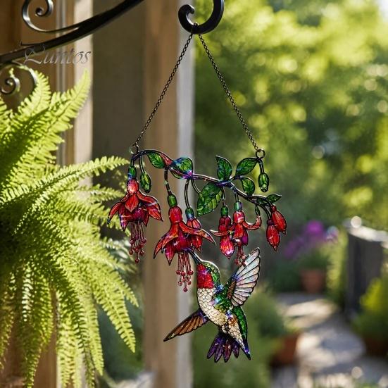 Stained Glass Style Hanging Ornament Hummingbird Window Pendant, Acrylic Suncatcher for Home Indoor Sun Catcher Garden Balcony Decoration, Colorful