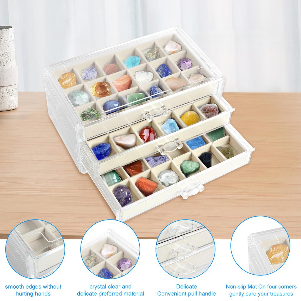 3/5 Tier Rock Display Case Clear Rock Collection Display Case 54/90 Grids Large Content Rock Collection Box Multi-role Storage