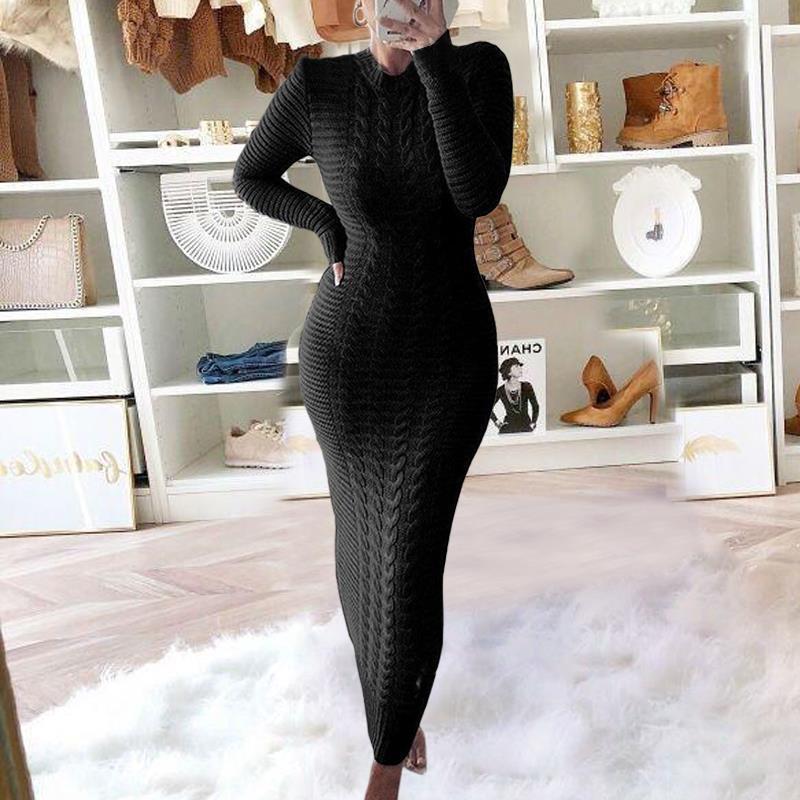 Autumn/Winter Women's Cable Knit Long-Sleeve Wool Dress