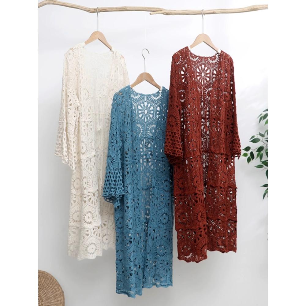 DIMANAF 2026 New Blue Cardigan Women Knitting Lace Long Vest Hollow Summer Style Basic Tops Tees Loose Clothing