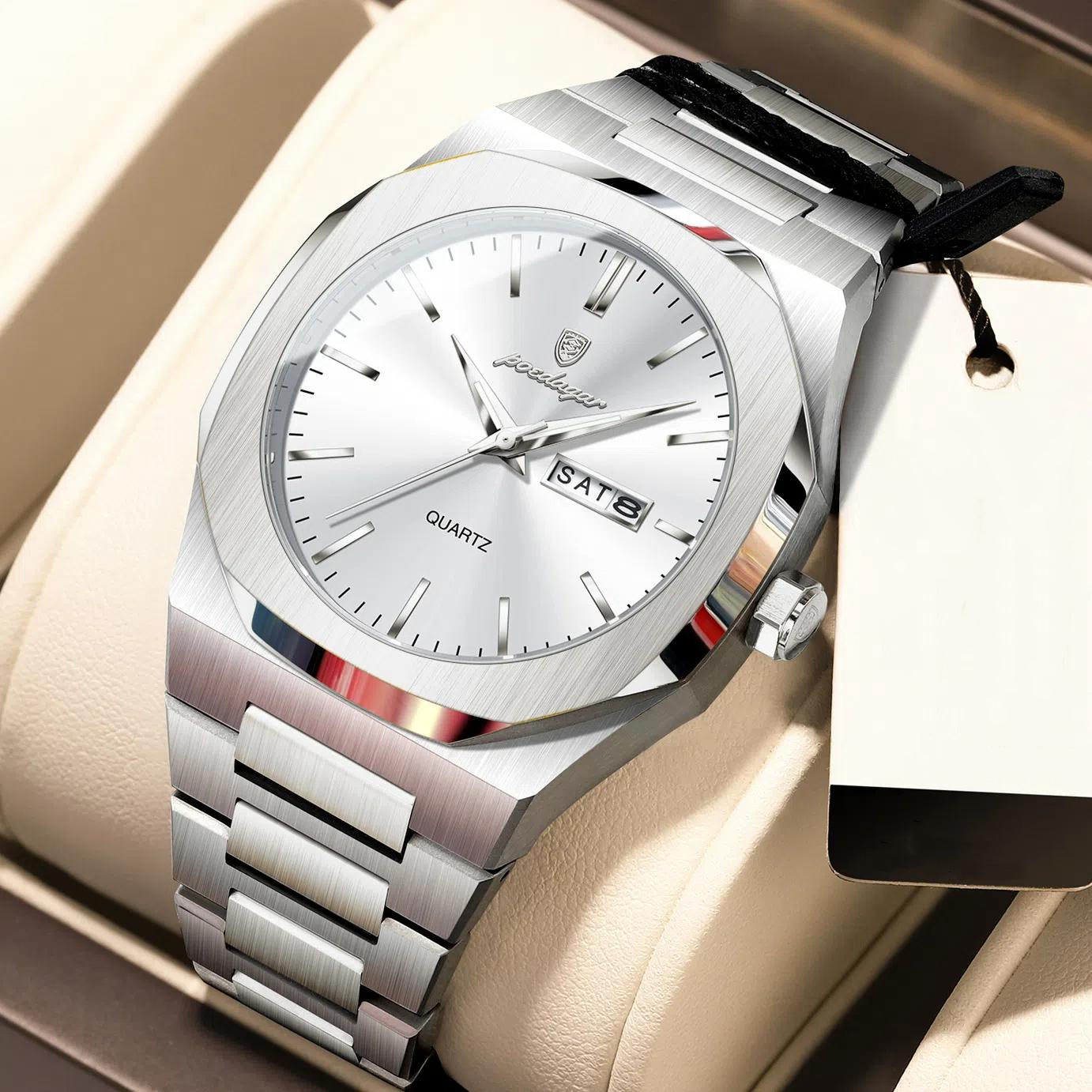 

POEDAGAR Лучшие роскошные мужские часы водонепроницаемые светящиеся календарные мужские наручные часы спортивные кварцевые мужские часы из нержавеющей стали серебряный/белый