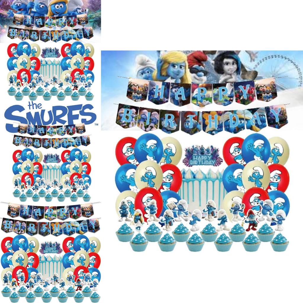 Blue Children Birthday Party Decoration Set Paper Flag Cartoon Cake Insert Balloon