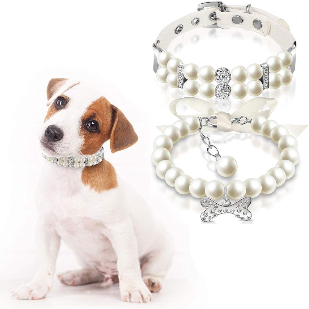 

Kitten Leather Rhinestone Crystal Cat Pearl Neck Strap Pet Pearl Necklace Dog Pearl Collars