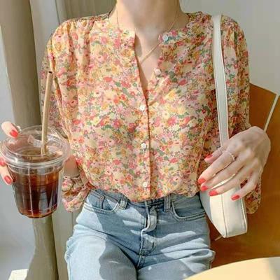 Modisches, lässiges Langarmhemd mit V-Ausschnitt und Blumenmuster für Damen im Sommer