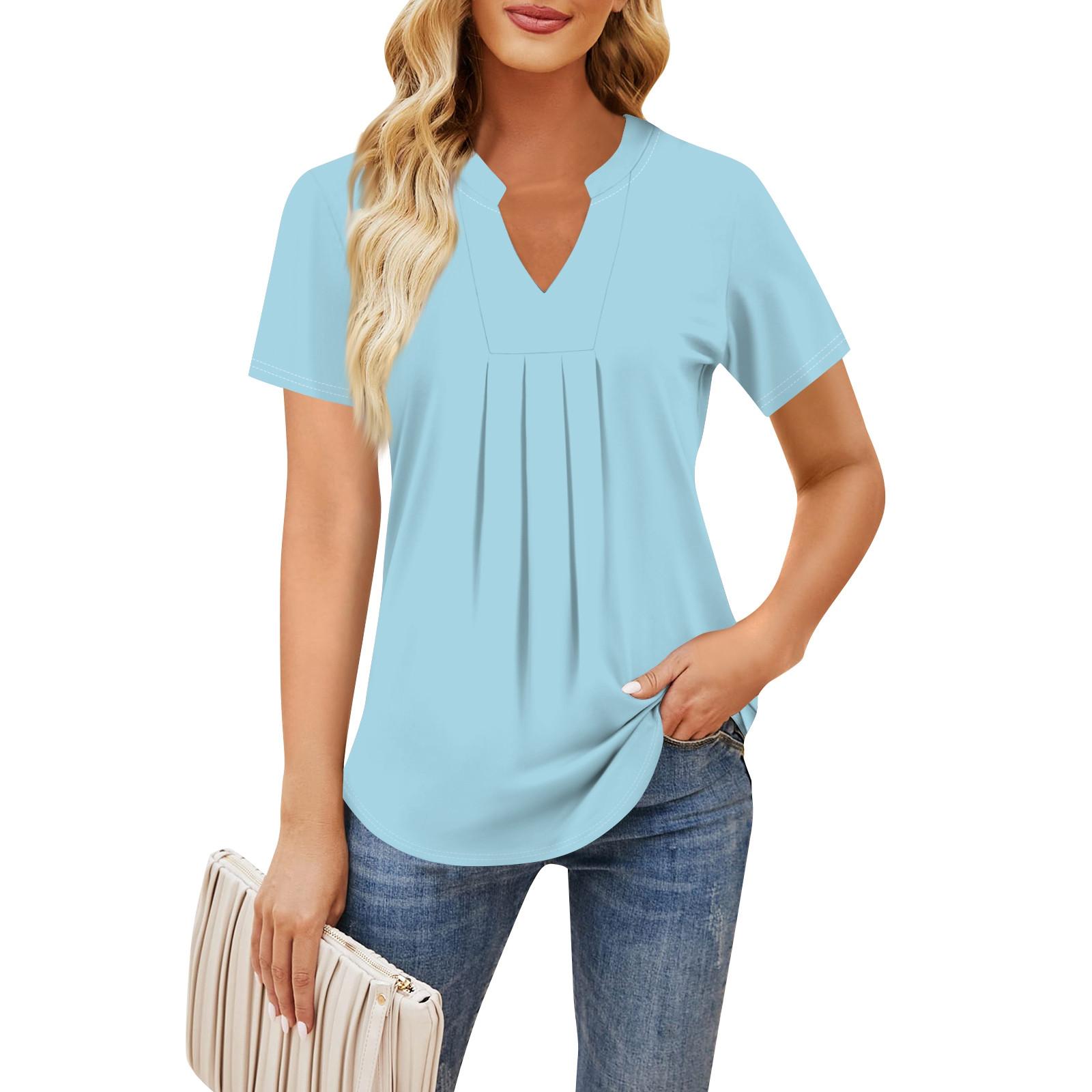 Женская повседневная свободная футболка с коротким рукавом и v-образным вырезом на груди — фото 5