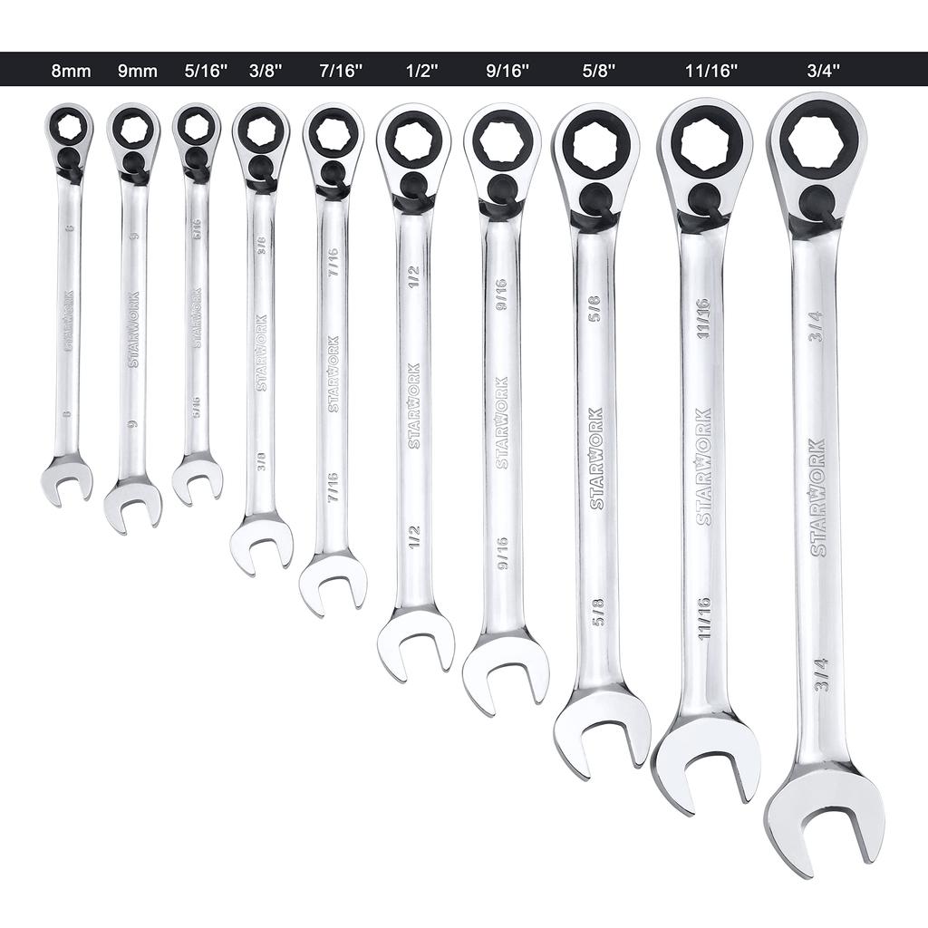 STARWORK TRUE Gear Ratchet Wrench Set with Storage Bag 20-Piece MECHANIC™ Dual-Purpose Non-Slip (SAE/Metric)