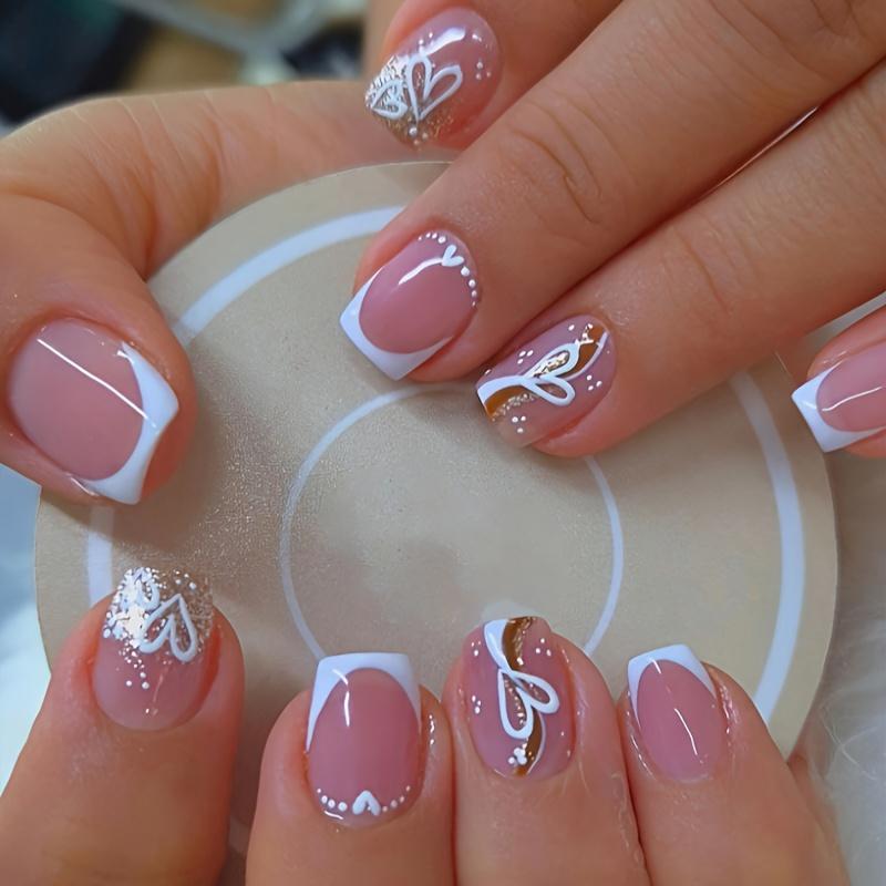 

24pcs Short Square Press-On Nails Glossy Mix Color Design with Heart & Swirl Patterns,Reusable Fake Nails with Jelly Glue & Nail File for Hands & Feet CW450