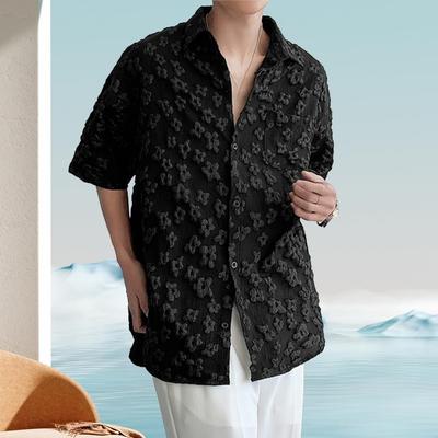 Cămașă cu mânecă scurtă pentru bărbați Tricou cu guler răsfrânt și model floral în relief Stil retro Tricou larg pentru zilnic Plajă Nuntă Offic