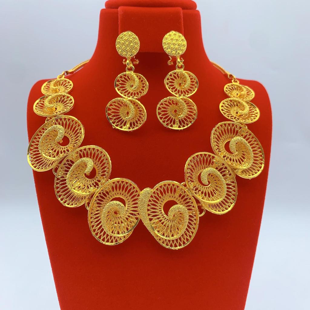 Gold-Plated Brass Flower Necklace & Earrings Set for Women's Wedding Jewelry
