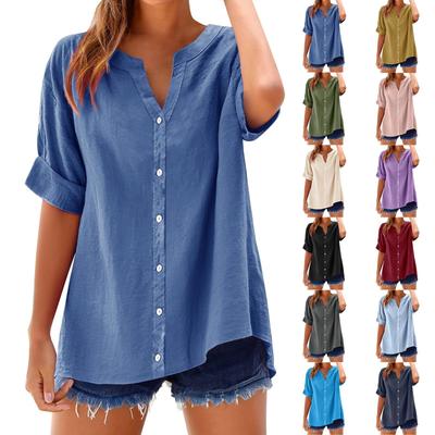 2025 Spring and Summer New Linen Top Button Shirt Casual Loose Top Elegant Large Size V-neck Top Shirt