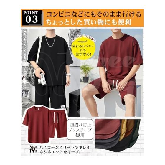 [three Joy] [Soft Mesh Material] Men's Loungewear, Top and Bottom Set, Loungewear, Waist Strap, Stretch, Short Sleeves, Shorts, 6 Colors, M - XL
