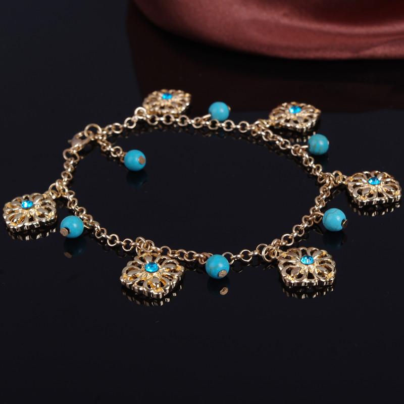 Double Layer Flower Artifical Turquoise Beads Women Ankle Bracelet Barefoot Sandal Beach Sea Foot