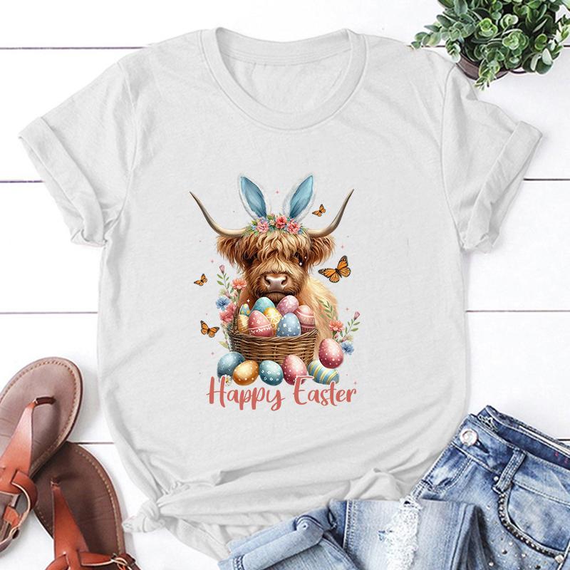 Hot Easter Day Unisex Short Sleeve Cow Happy Easter Print T Shirts Women Causal Harajuku Tops Funny T Shirt