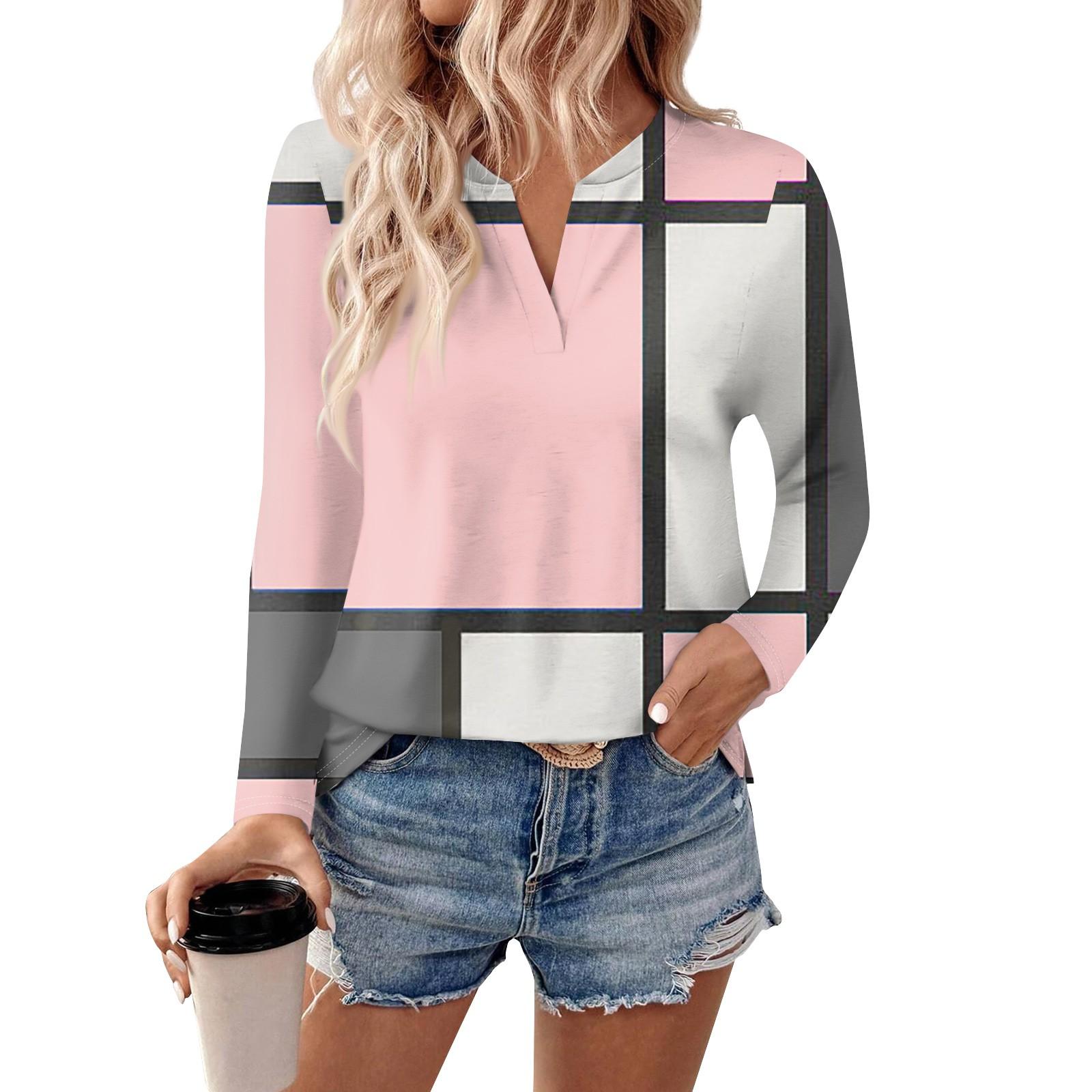 

Женская футболка с длинным рукавом и V-образным вырезом, повседневные осенние топы XL розовый