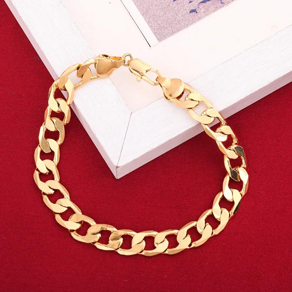 New   Copper 18K Gold Color 6MM Chain Bracelet Neckalce for Women Men Wedding Jewelry Set  Valentine's Day Gifts