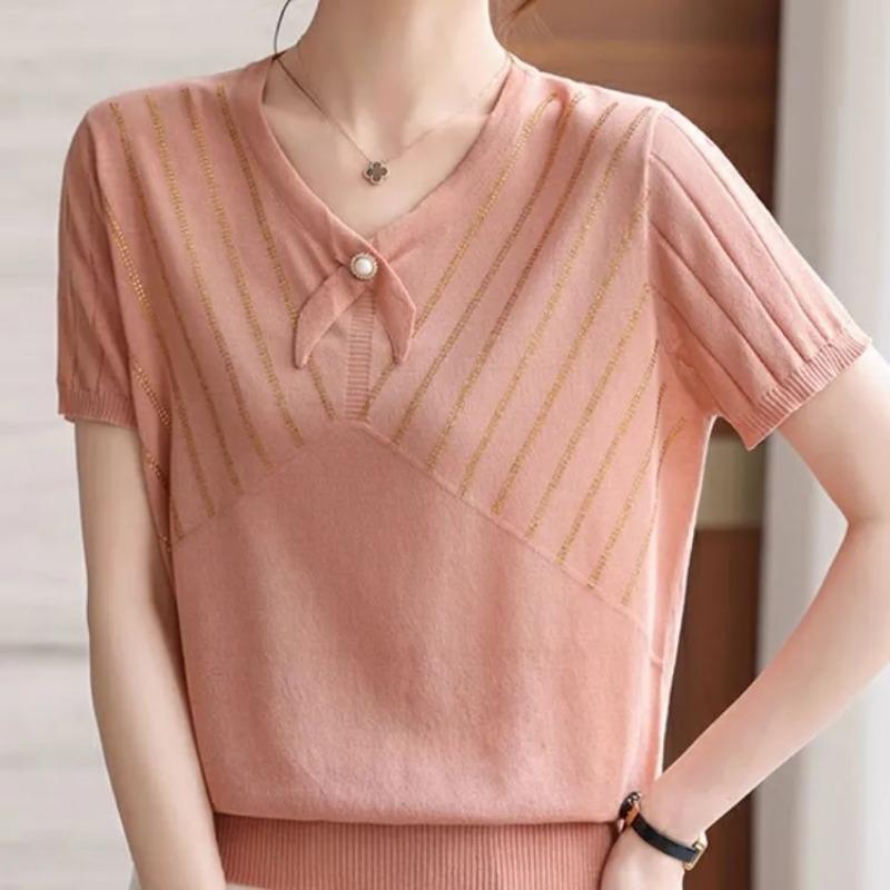 pink v neck bow tie detail short sleeve knit top with gold stripe for women