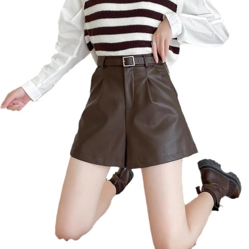 Women's Black PU Leather High-Waist Wide-Leg Shorts - New Autumn/Winter 2024 Casual Slimming Design