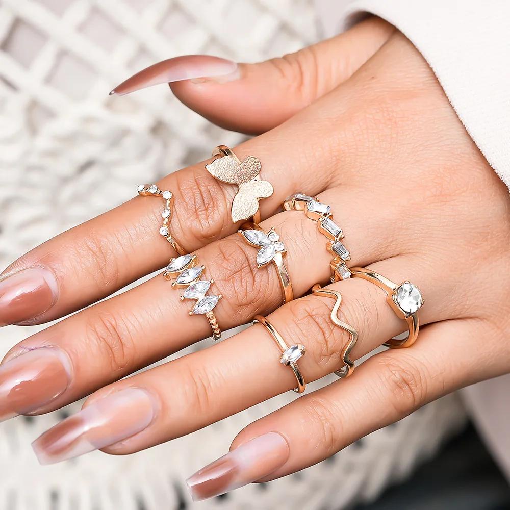 9Pcs/Set Vintage Gold Color Love Heart Butterfly Metal Rings Set for Women Simple Assembly Rings Paty Jewelry Gift Accessries