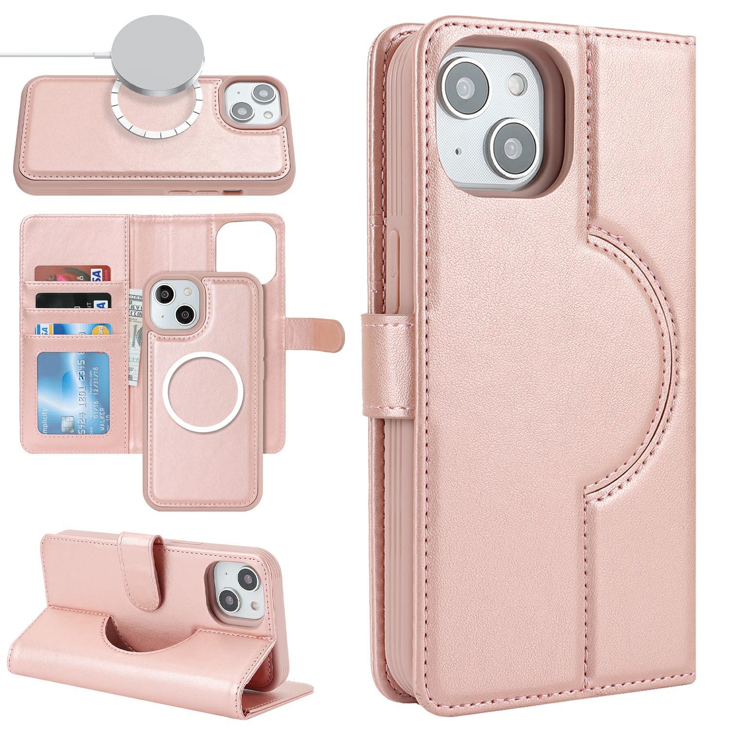 

For iPhone 15 Wallet Case Compatible with MagSafe Anti-Drop Detachable PU Leather Phone Cover Rose Gold
