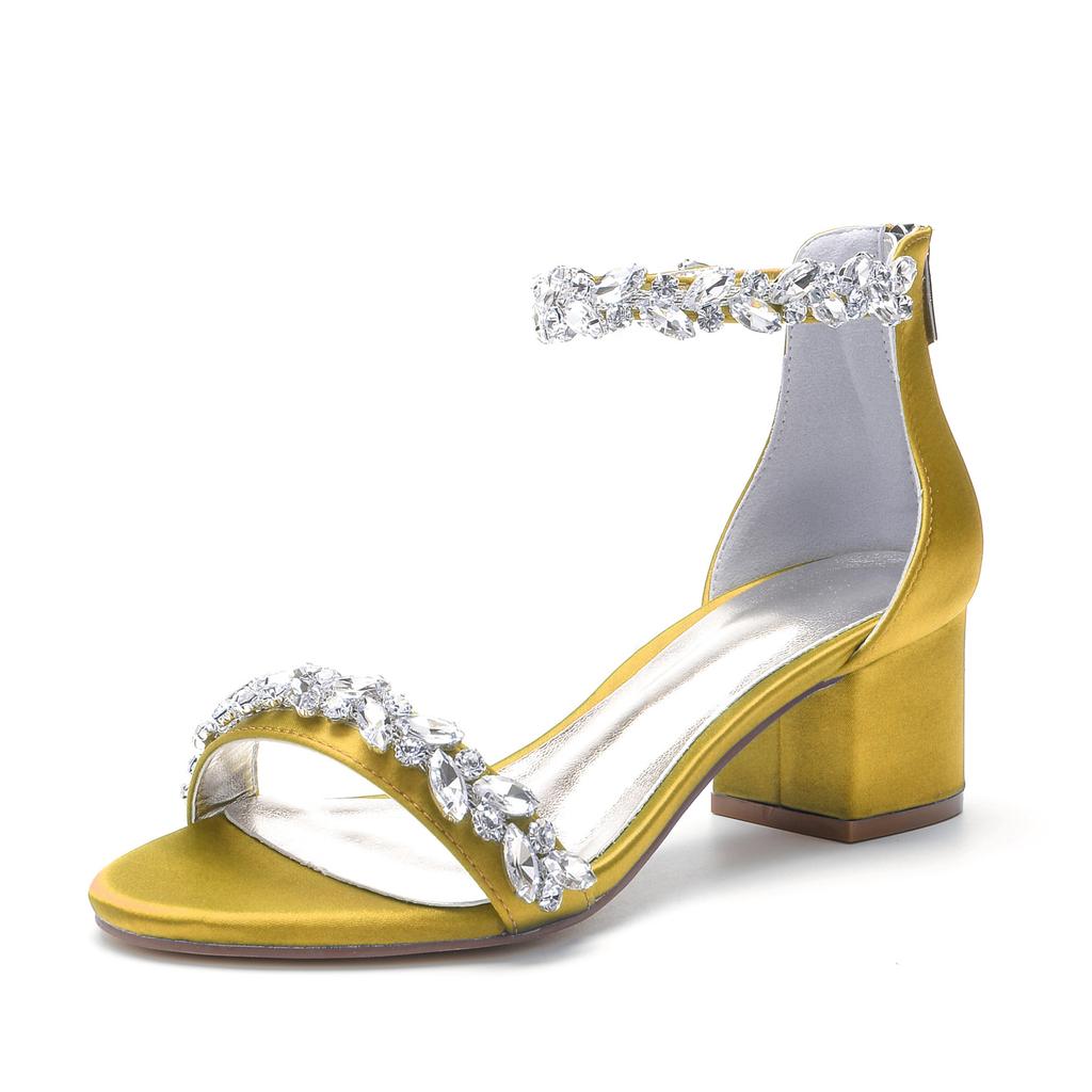 5cm Thick Heel Large Size Green High Heels Fashion Word with Rhinestone High Heels Sandals