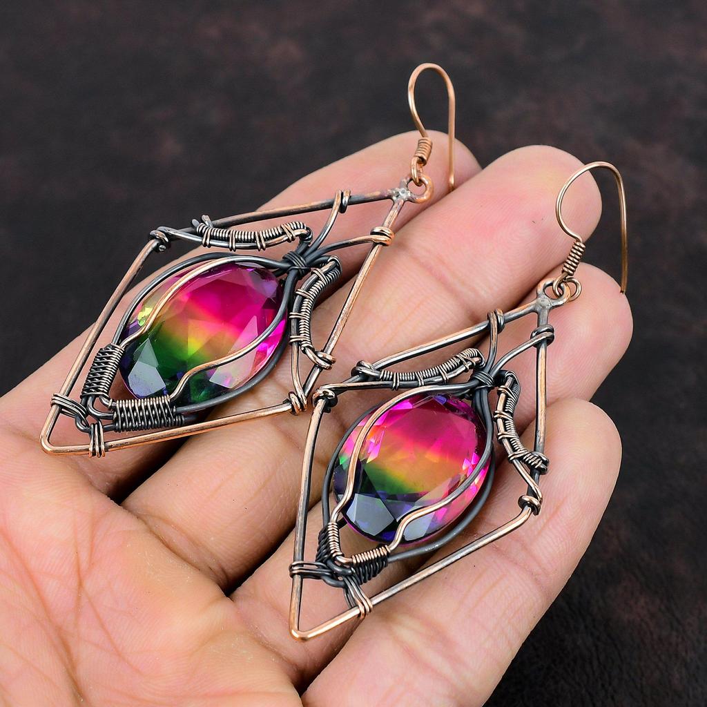 Cercei fațetați cu turmalină multiplă Cercei înveliți cu sârmă de cupru Cercei cu pietre prețioase Bijuterii din cupru Cercei lucrați manual Bijuterii învelite cu sârmă pentru cadou