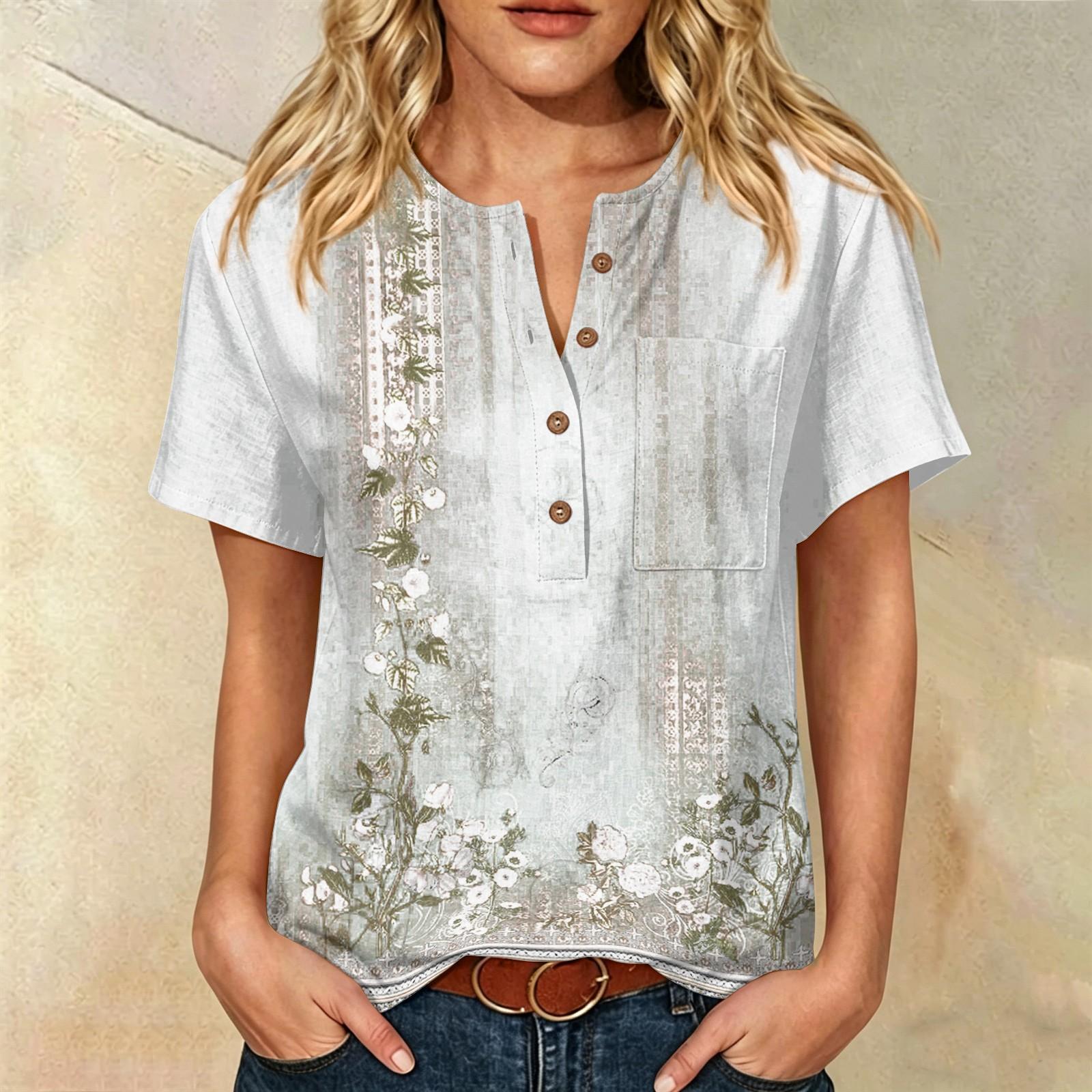 

Women’s Fashion Printed Henley Neck Short Sleeve Cotton Linen Shirt with Chest Pocket and Button Front Design for Casual Wear S білий