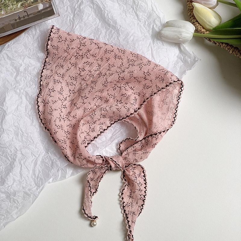 Triangle Scarf Scarf Female Retro Literary Floral Cotton and Linen Neck Protector Decorative Pearl Small Pendant Small Scarf Headband