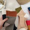 Warm-toned Socks for Women in Autumn, with Contrasting Colors, Flared Seams, Retro and Casual Mid-calf, and Student Stripes for Autumn and Winter