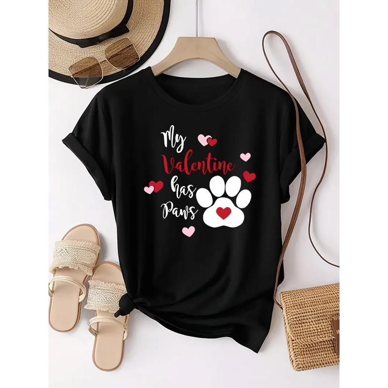 

Women s Pink My Valentine Has Paws Print Tee Heart & Paw Prints Crew Neck Short Sleeve Comfortable Casual Daily Top 4XL чорний
