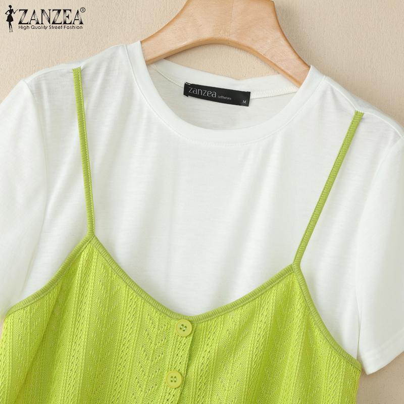 ZANZEA Womens Summer Round Neck Patchwork Short Sleeve T-shirts