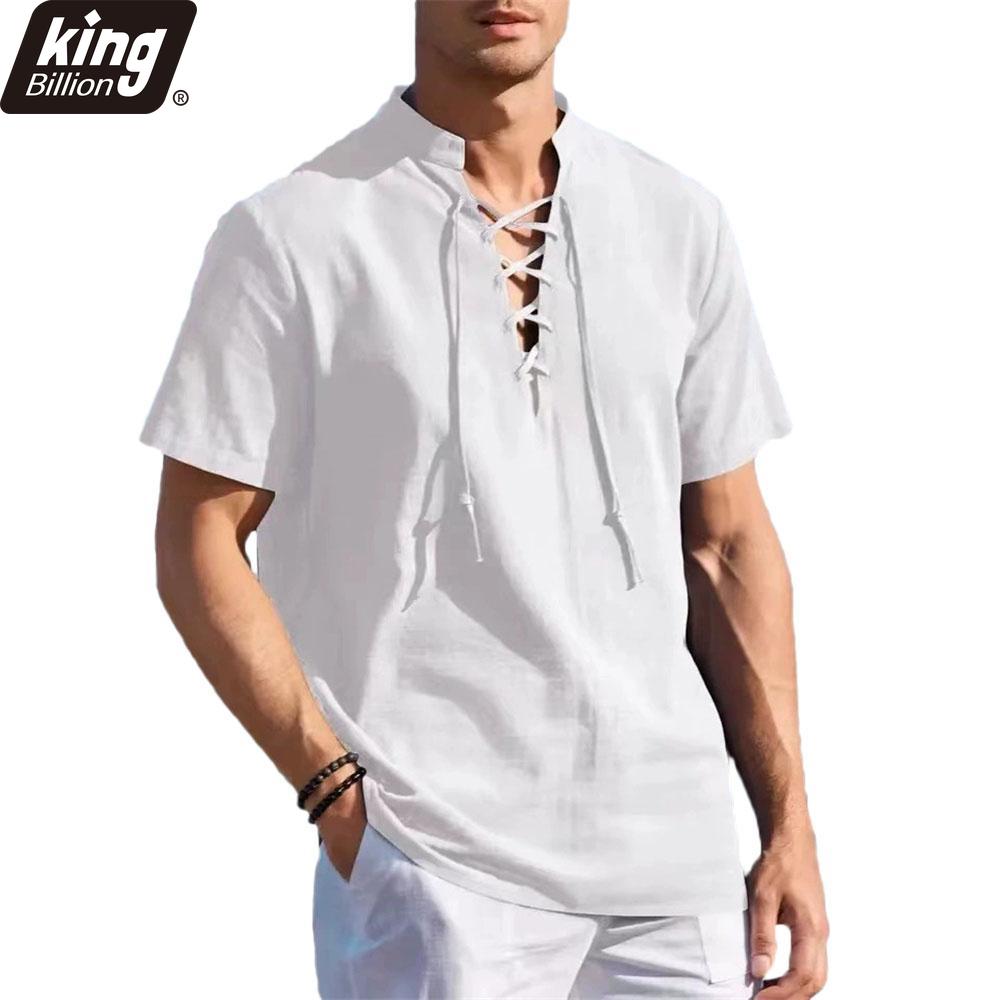 Summer Vintage Men's V-neck Shirt Drawstring Design Cotton Linen Breathable Stylish Casual Tops Solid Color Vacation Shirts