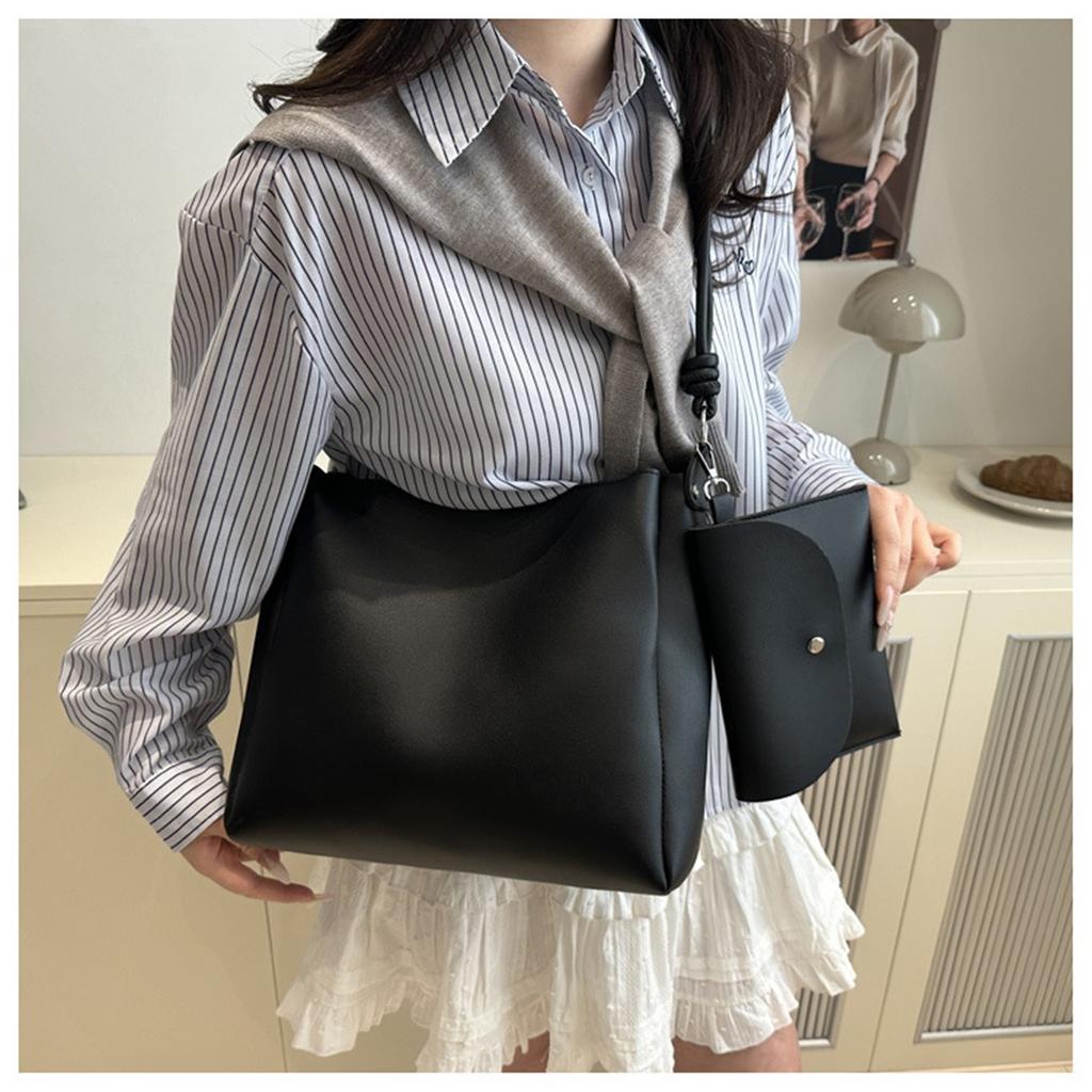 Two Sets Of Casual Solid Colour Large Capacity Retro Fashion Texture Shoulder Tote Bag For Women