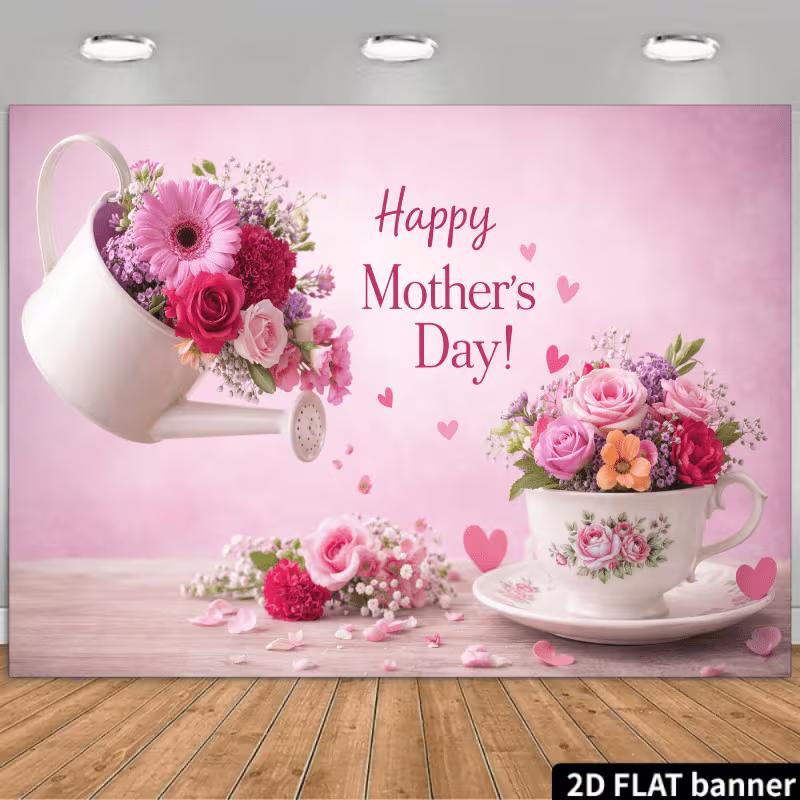 

2D Floral Happy Mother s Day Background Banner, Pink Rose & Heart Backdrop for Holiday Photoshoot 47.2x31.5inch/120*80cm